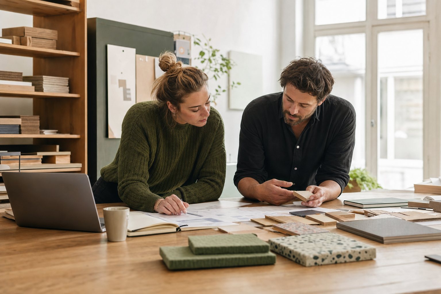 Twee ondernemers bespreken hun cashflowplanning en materiaalinkopen in een studio