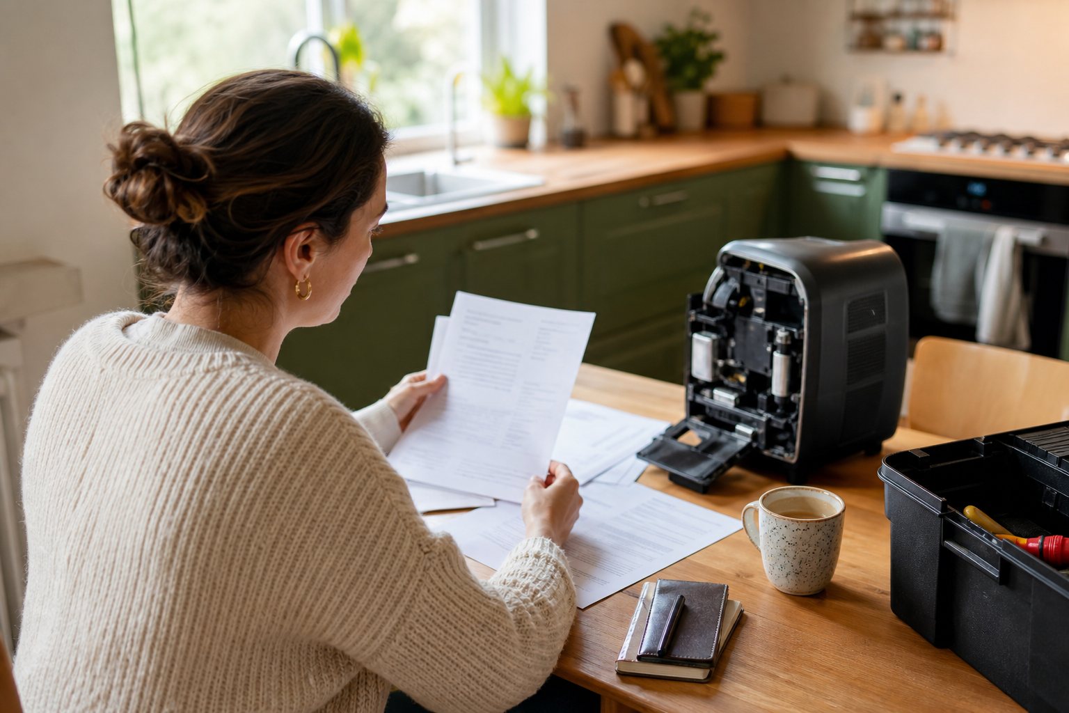 Consument vergelijkt reparatiepapieren naast een geopend koffieapparaat